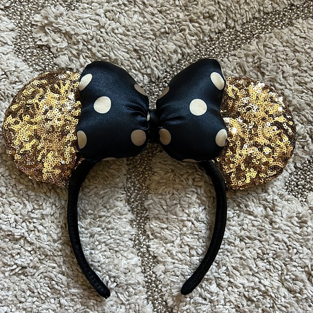 Disney Parks Black & Gold Minnie Ears Headband Sequins & Satin Polka Dots